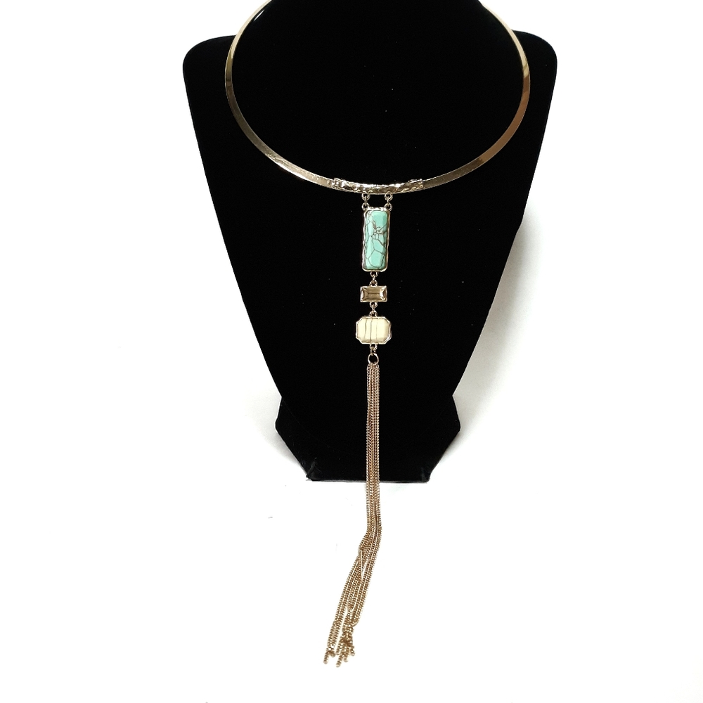 Long dangling faux turquoise necklace